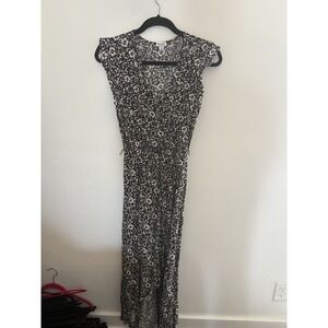 Splendid Floral Maxi Dress Black White Wrap V-Neck High-Low Cap Sleeve XS